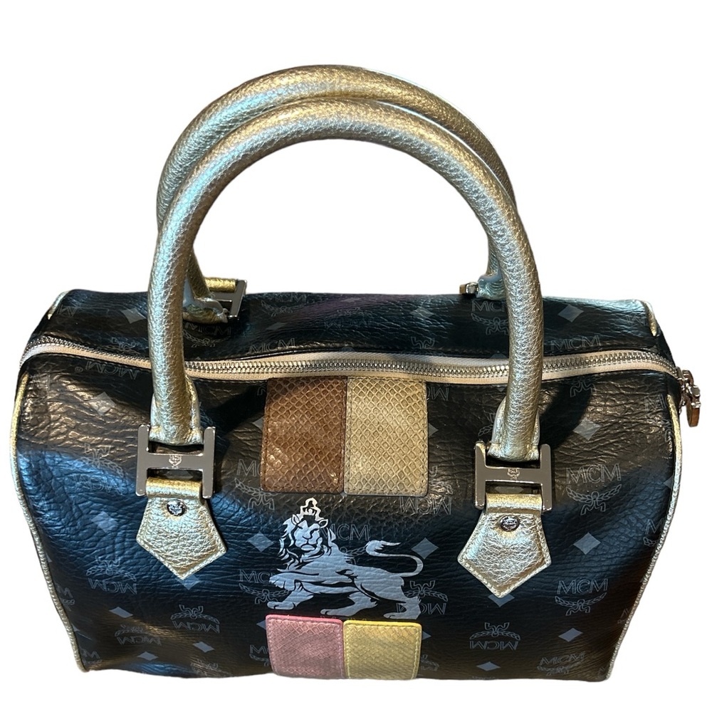 🔥 MCM 🔥Visetos Lion Princess Boston Black and Gold Lion Print Bag - Picture 13 of 13